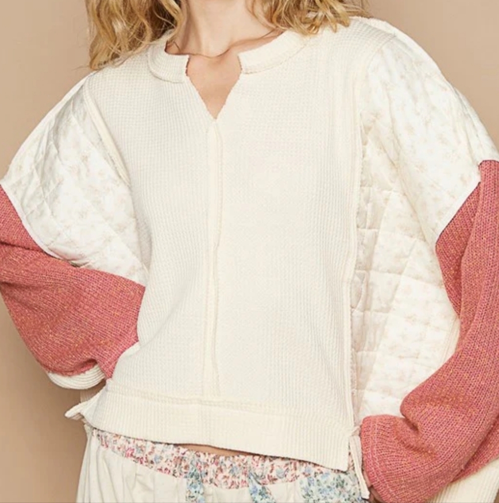 POL Quilted Contrast Waffle Knit Crop Top Patchwork High-low Long Sleeve Sweater
